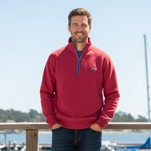 Colonial Williamsburg Sweater Mens L Red 1/4 Zip‎ Long Slv Pull Over Embroidered